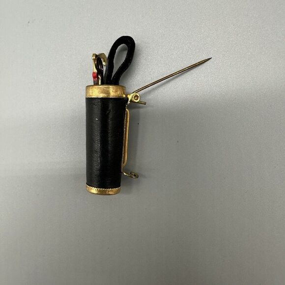 Vintage Cane Holder Brooch Pin Jacket Hat Brooch Gold Tone Black Leather 2” - Picture 3 of 6